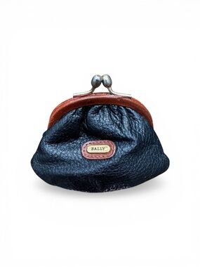 Vintage Bally 1970s Leather Coin Purse Kiss Lock Black Brown Italy